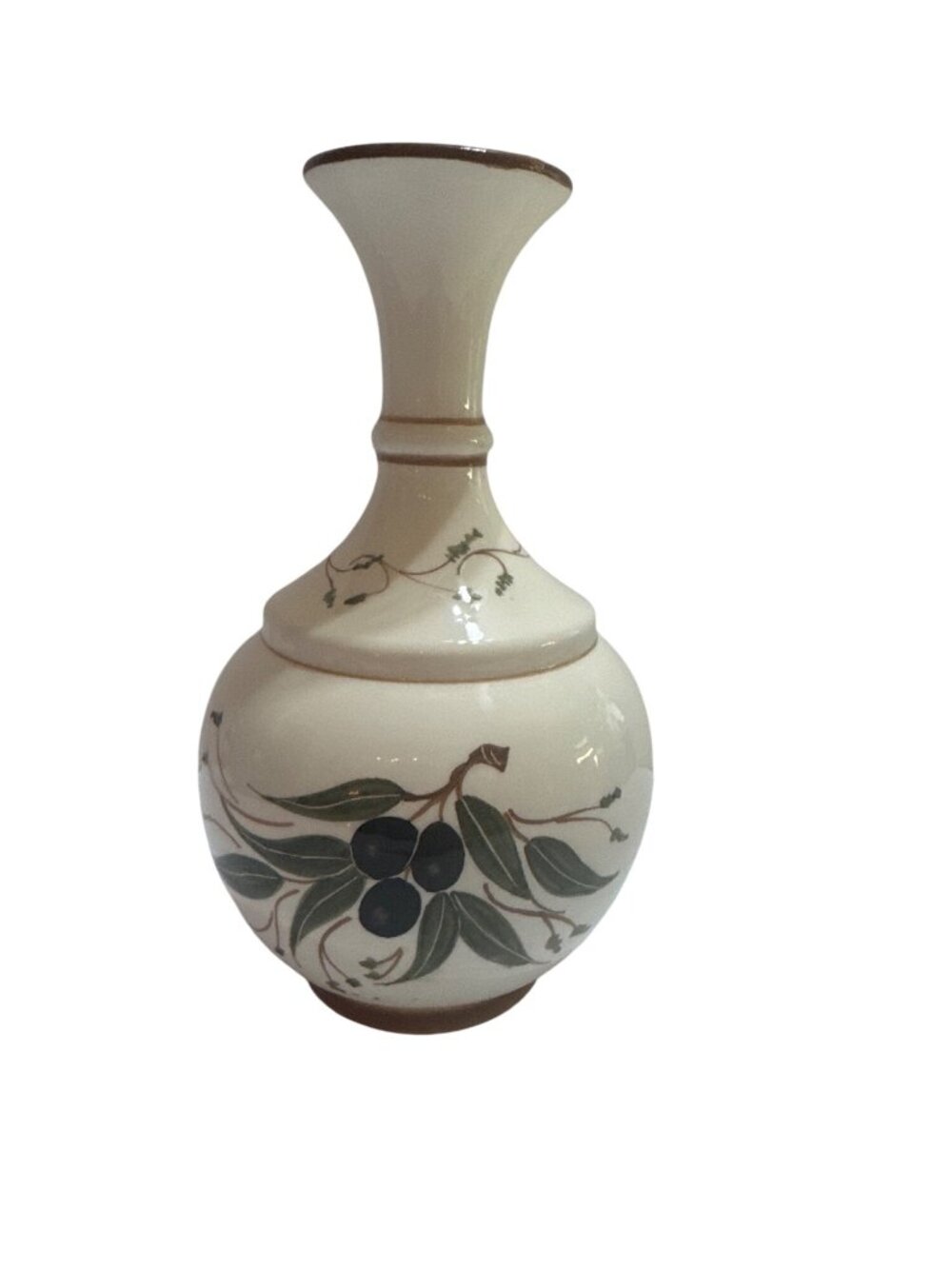 Handmade Ceramic Vase Olive Branch Design White Green Accents Signed M Bakas Gre